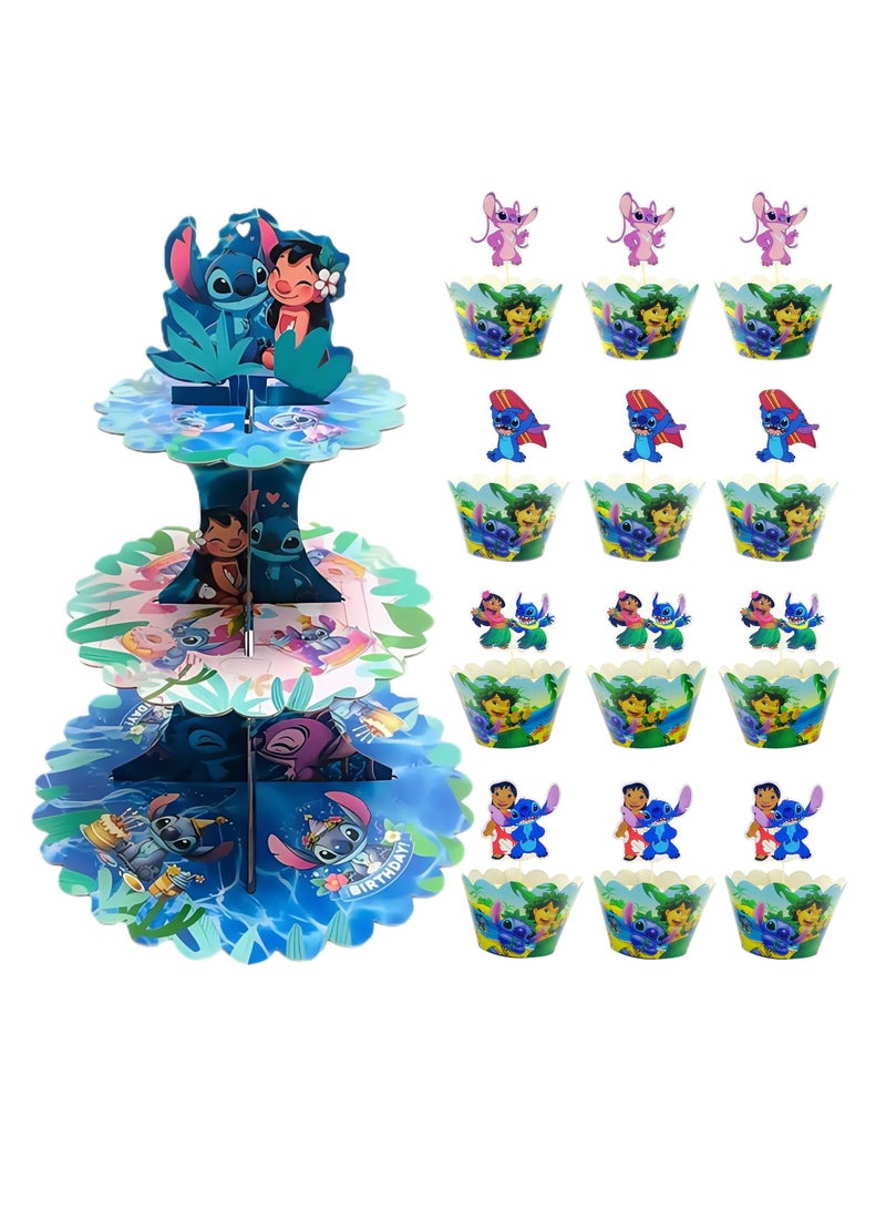 ILovhaprty 25pcs Stitch Cake Decoration Set – Lilo & Stitch Cake Stand with Cake Borders and Cake Toppers, Stitch Birthday Party Supplies for Dessert Table Decorations - Image 1